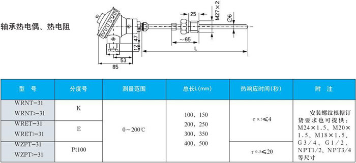 電站測溫專用熱電偶軸承規(guī)格表