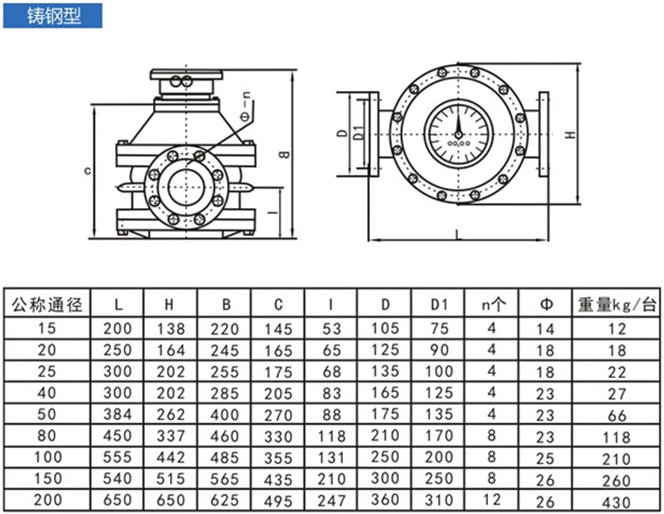 石油流量計外形尺寸對照表